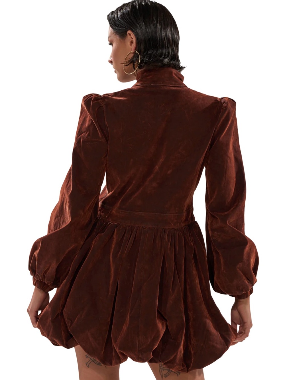 AKIRA NWT Sz S Brown Velvet Denim Long Sleeve Flare Bubbly Mini Dress (0779) - Picture 4 of 16